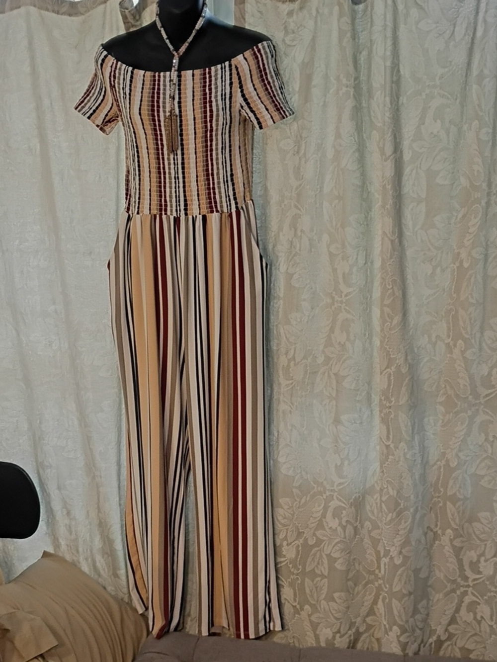 Justify Off-Shoulder Striped Wide-Leg Jumpsuit in Cream, Burgundy and Black